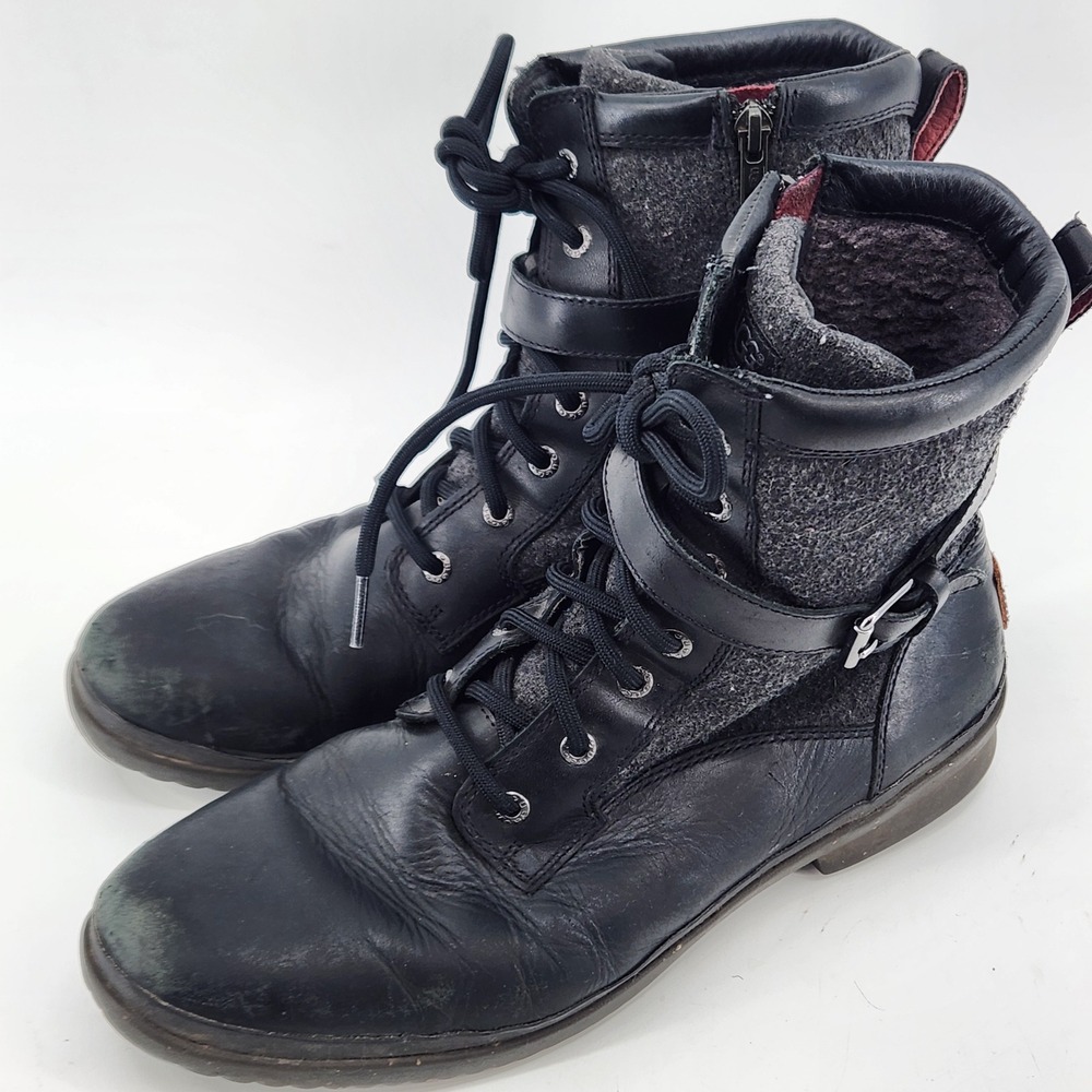 UGG Waterproof Boots Mens 12 Black Leather Wool Lined Winter Lace Up Zip‎